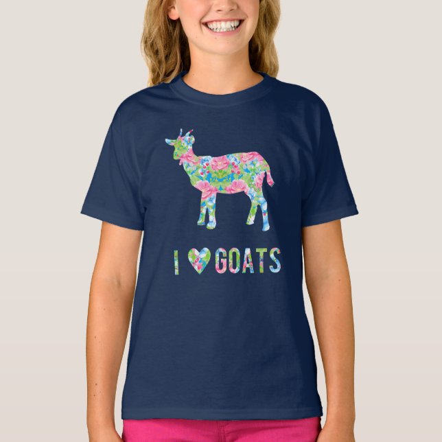 I Liebe-Ziegen-buntes Blumenmuster T-Shirt (Vorderseite)