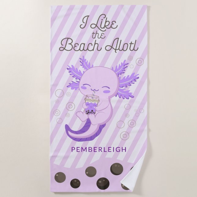 "I Like Beach Alotl" Boba Tea Axolotl Lila Strandtuch (Vorderseite)