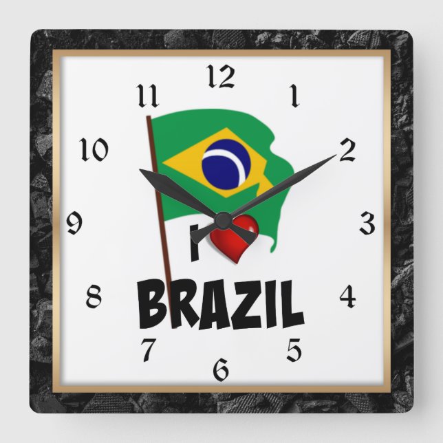 I Love Brazil, flag of Brazil with frame Quadratische Wanduhr (Vorderseite)