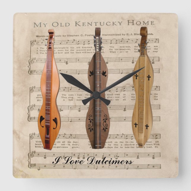 I LOVE  DULCIMERS QUADRATISCHE WANDUHR (Vorderseite)