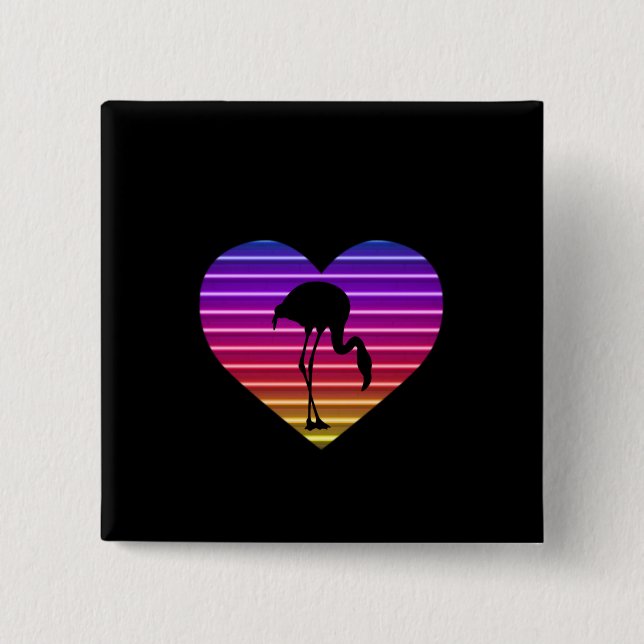 I Love Flamingos 80s Retro Heart Sunset Button (Vorderseite)