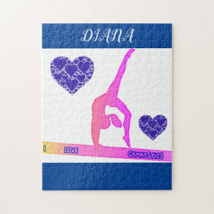 "I Love Gymnastics" puzzle with hearts.