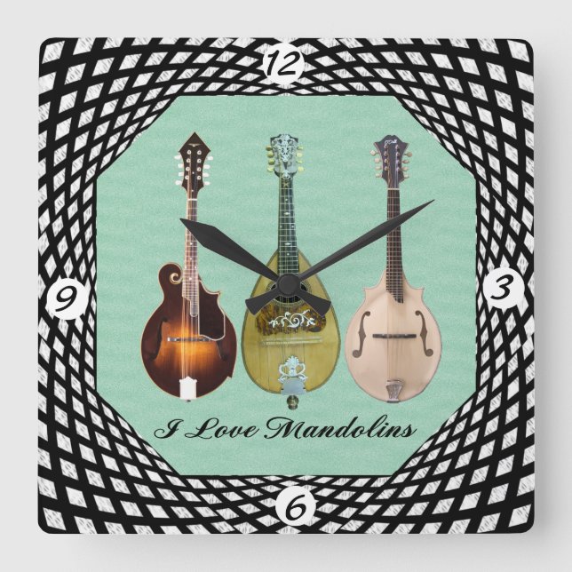 I LOVE MANDOLINS QUADRATISCHE WANDUHR (Vorderseite)