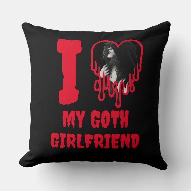 I Love My Goth Girlfriend Dripping Red Heart Photo Kissen (Vorderseite)