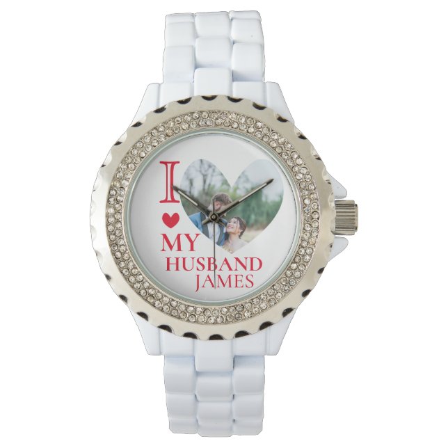 I Love My Husband Custom Heart Photo Armbanduhr (Vorderseite)