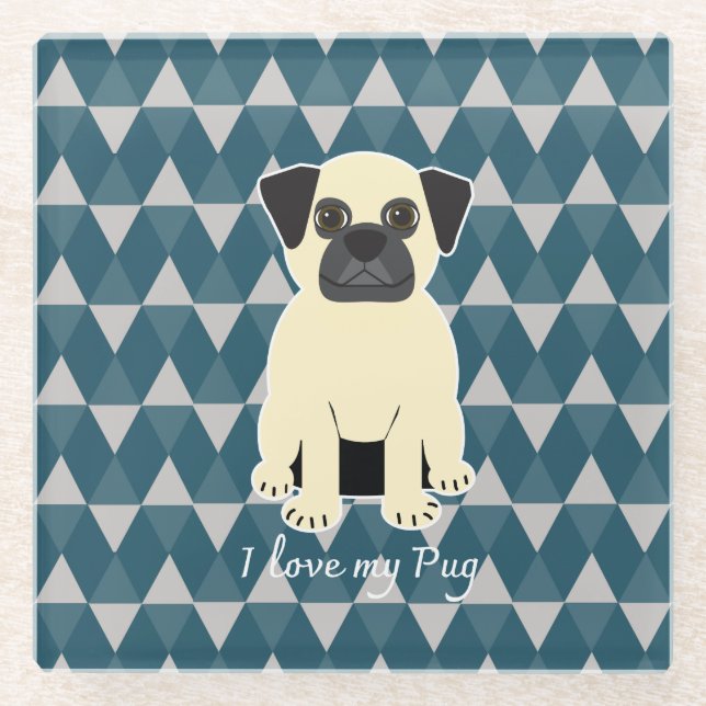 I love my Pug, Blue diamonds pattern Glasuntersetzer (Vorderseite)