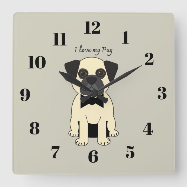 I Love My Pug Quadratische Wanduhr (Vorderseite)
