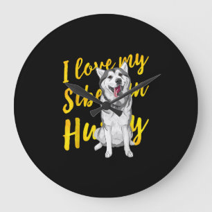 I Love My Siberian Husky Snow Dog Lover Gift Große Wanduhr