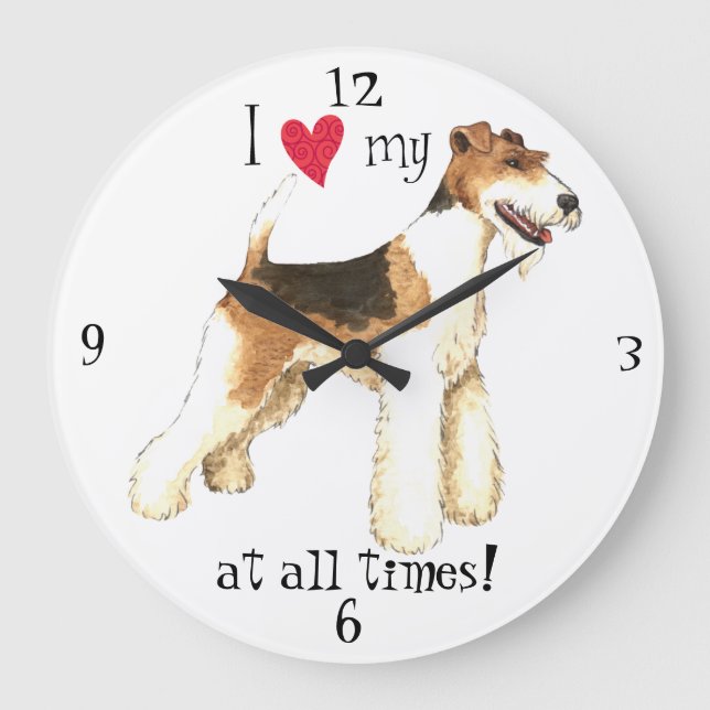 I Love my Wire Fox Terrier Große Wanduhr (Vorderseite)