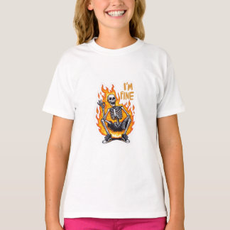I’m Fine Skeleton on Fire Funny Sticker Illustrati T-Shirt