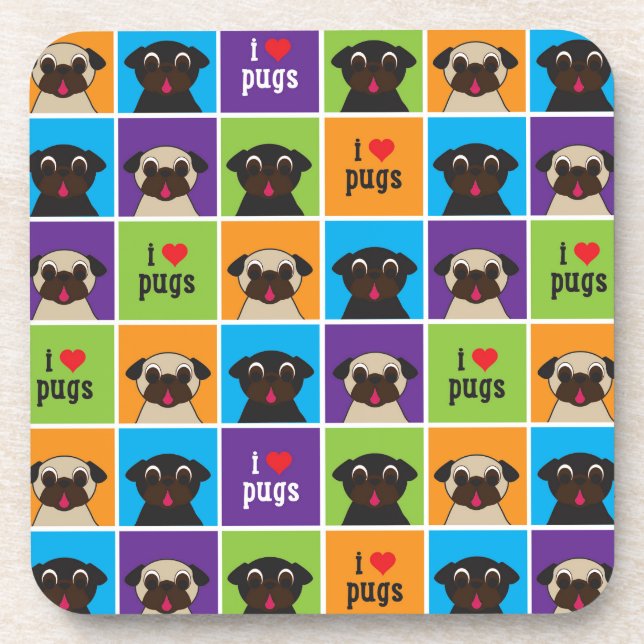 I quadriert Liebe-Mops-Farbe Untersetzer-Set Getränkeuntersetzer (Vorderseite)