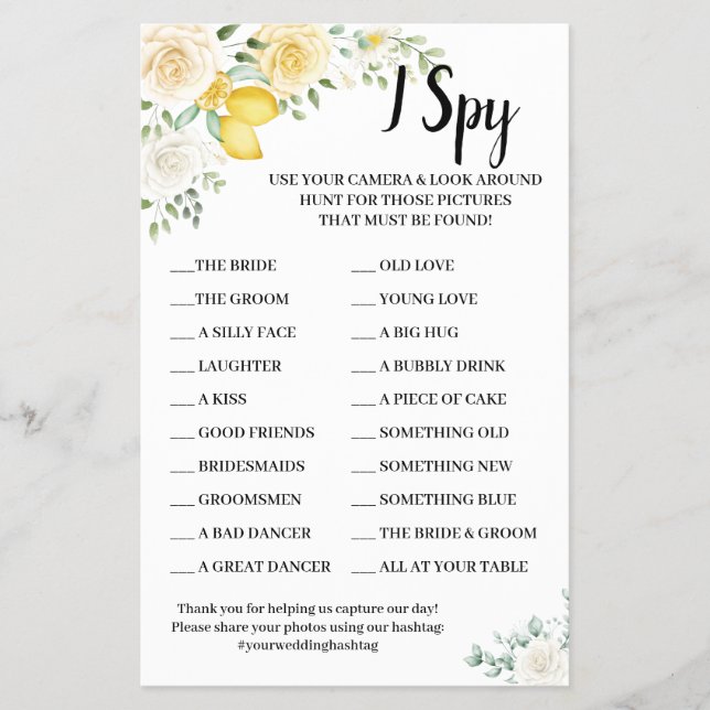 I Spy Lemons & Rose Wedding Reception Game Card Flyer (Vorne)
