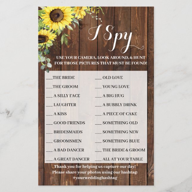 I Spy Sunflowers Western Wedding Party Game Card Flyer (Vorne)