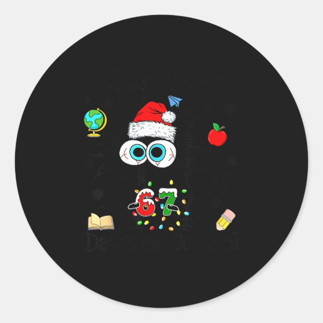 I Survived 67 Days Of School Funny Christmas Black Runder Aufkleber (Vorderseite)