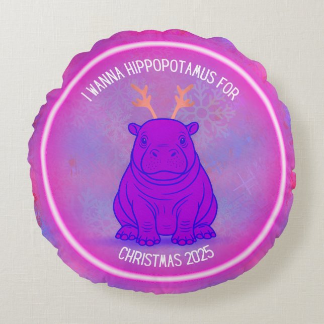 I Wanna Hippo For Christmas-Purple Pillow-Customiz Rundes Kissen (Vorderseite)