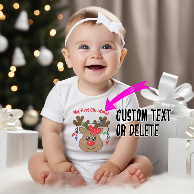 🎅 ❄ I. Weihnachten mit niedlichem Rentiermädchen Baby Strampler (Cute baby's 1st Christmas, customizable text)