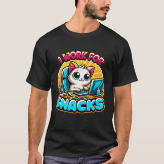 ​"I Work For Snacks" Funny Cat Working At Computer T-Shirt