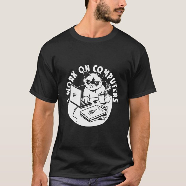 I Work On Computers Feline Coding Coder Cat Progra T-Shirt (Vorderseite)