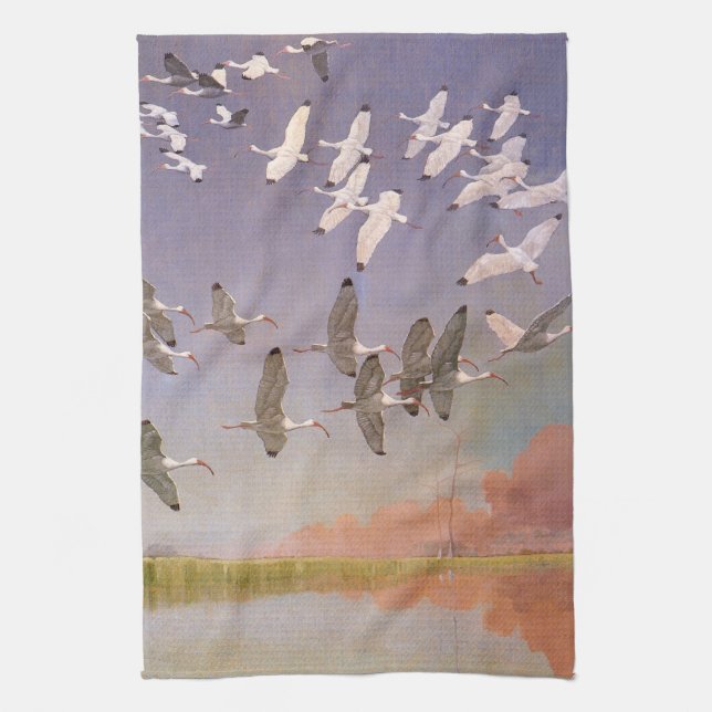 Ibis-Fliegen über Feuchtgebiete, Vintage Vögel Geschirrtuch (Vertikal)