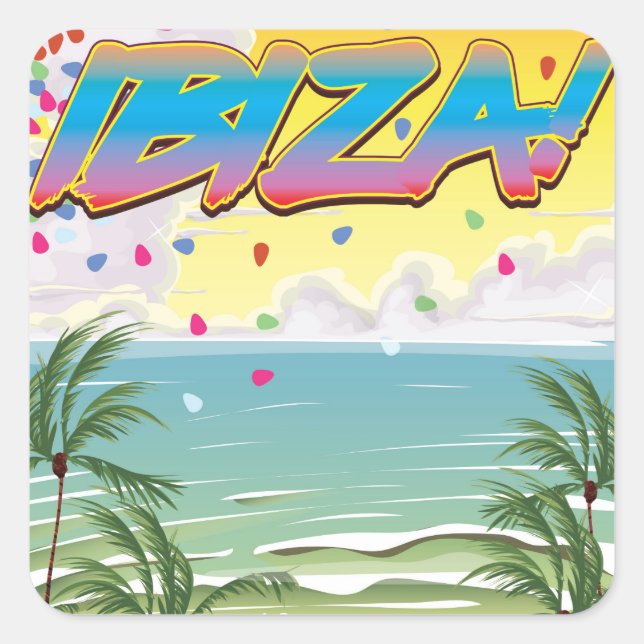 Ibiza Beach Party Reiseplakat Quadratischer Aufkleber (Vorderseite)