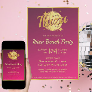 Ibiza-Motto eivissa gold Disco-Kugel rosa Party  Einladung