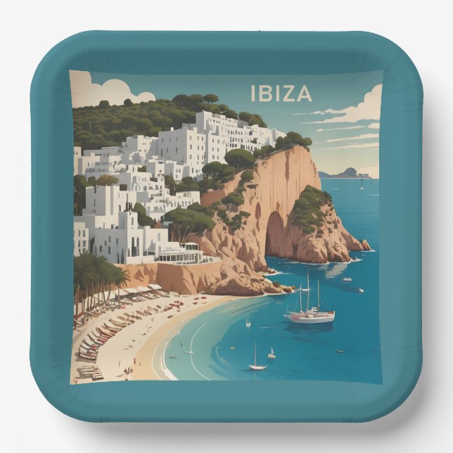 Ibiza, Spanien Reiseplakat Pappteller (Vorderseite)