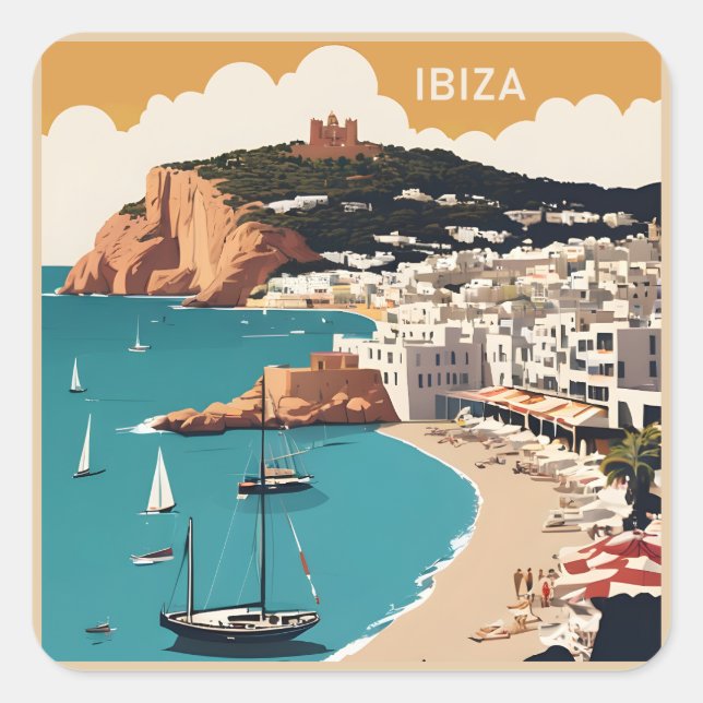 Ibiza, Spanien Reiseplakat Quadratischer Aufkleber (Vorderseite)