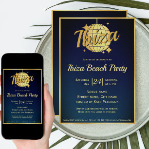 Ibiza-Themenparty mit goldener Diskokugel eivissa  Einladung
