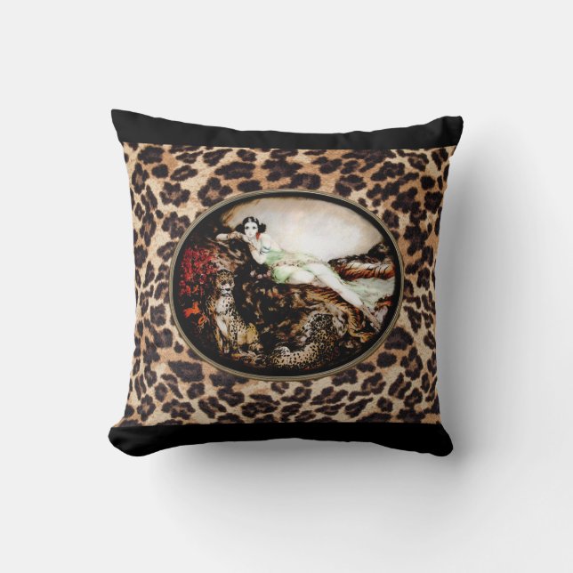 Icart Leopard-Dame auf Leopard-Druck-Kissen Kissen (Vorderseite)