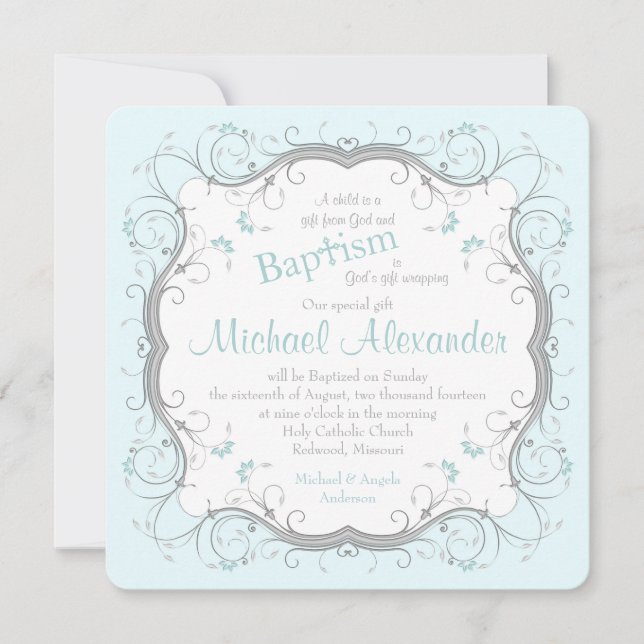 Ice Blue Grey Scroll Floral Taufen Einladung (Vorderseite)
