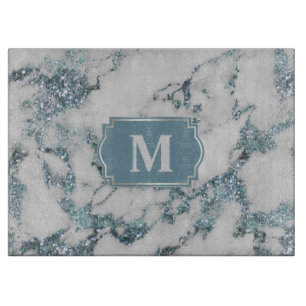 Ice Blue Imitats Marble Glitzer Monogram Schneidebrett