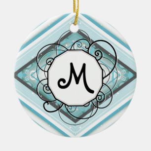 Ice Blue Modern Retro Streifen Diamant mit Monogra Keramik Ornament