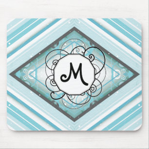 Ice Blue Modern Retro Streifen Diamant mit Monogra Mousepad