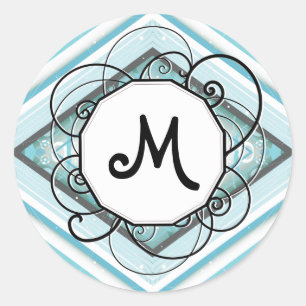 Ice Blue Modern Retro Streifen Diamant mit Monogra Runder Aufkleber