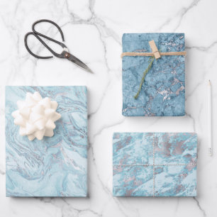 Ice Blue Silver Marble Glitz Geschenkpapier Set