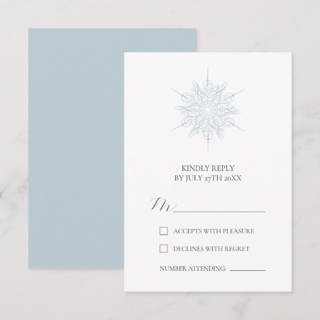 Ice Blue Snowflake Elegante Winterhochzeit RSVP Karte (Vorne/Hinten)