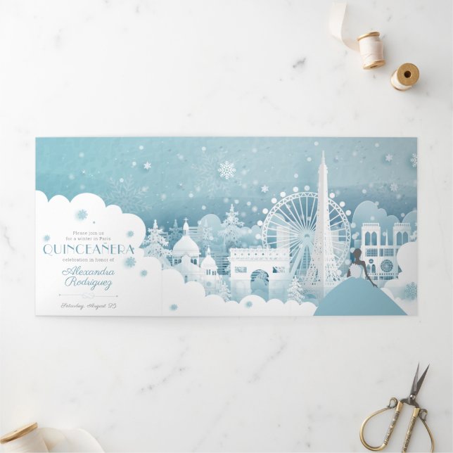 Ice Blue Winter in Paris Quinceñera Tri-Fold Invi Dreifach Gefaltete Einladung (Außenbereich)