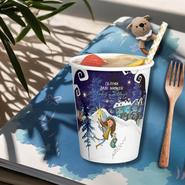 Ice Blue Winter Village Baby Shower | Flying Fairy Pappbecher (Ice Blue Winter Village Baby Shower  Flying Fairy Paper Cups)
