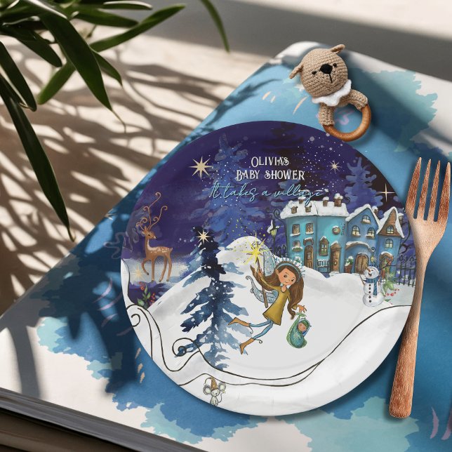 Ice Blue Winter Village Baby Shower | Swirl Frame Pappteller (Ice Blue Winter Village Baby Shower  Swirl Frame Paper Plates)