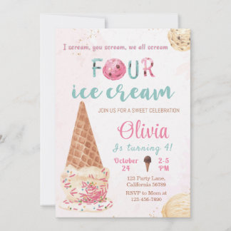 Ice Cream 4th Birthday Invitation Icecream Invitat