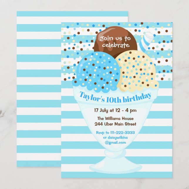 Ice Cream Birthday Party Blue Einladung (Vorne/Hinten)