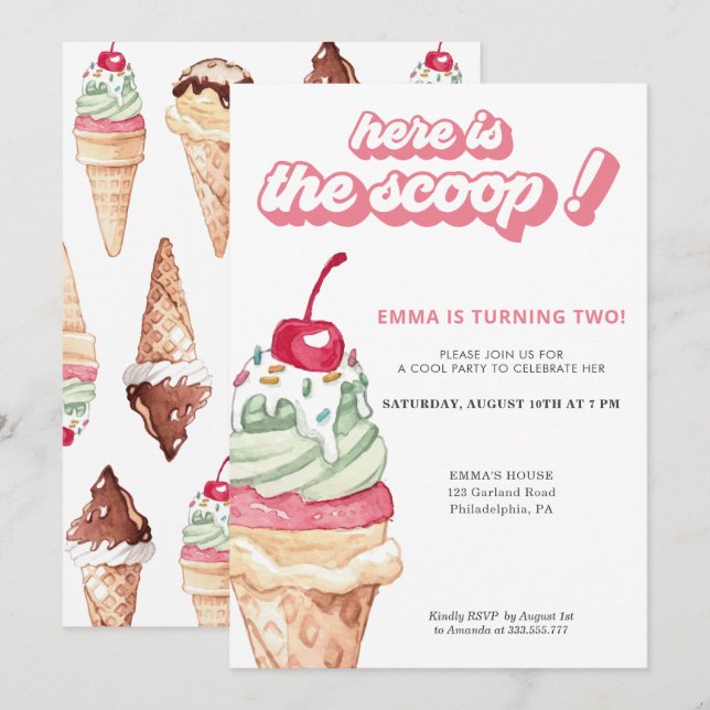 Ice Cream Girl Birthday Scoop Invitation (Devant / Derrière)