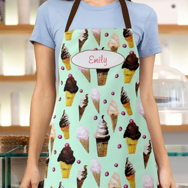 Ice Cream Parlor Mint Green Personalized Schürze (This retro mint green ice cream apron features my own watercolor art of chocolate and vanilla cones.)