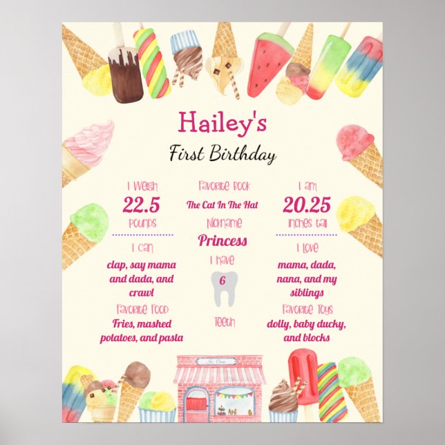 Ice Cream Party 1er Anniversaire Poster de jalon (Devant)