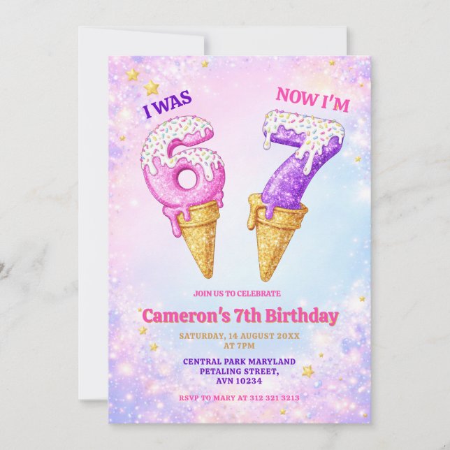 Ice Cream Pastel Sparkle 6-7 Kids Birthday Party Einladung (Vorderseite)