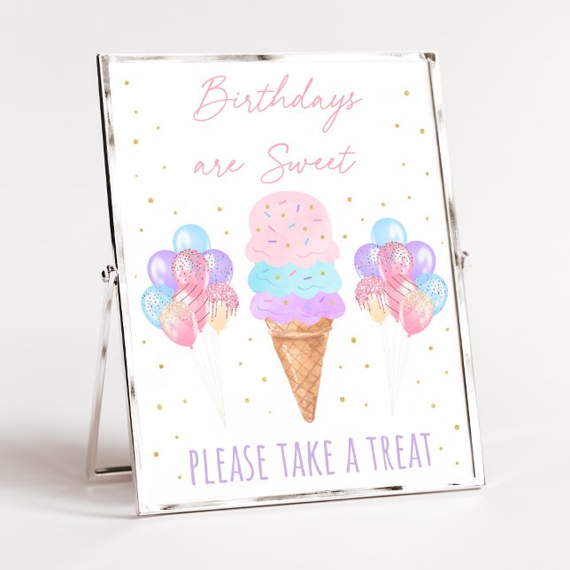 Ice Cream Pink Gold Pastel Birthday Treat Sign Poster (Von Creator hochgeladen)
