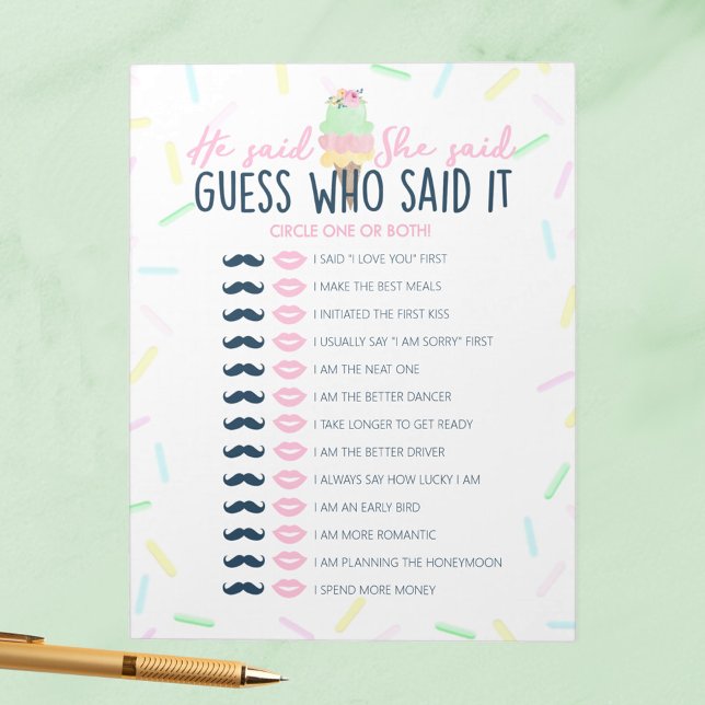 Ice Cream sagte sie sagte Dusche Game Pack Notizblock (He Said She Said Ice Cream Scooped Up Bridal Shower Game Pack of 40 Answer Sheets)