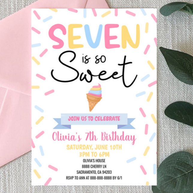 Ice Cream Seven Is So Sweet 7th Birthday Party Einladung (Von Creator hochgeladen)