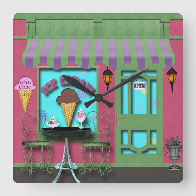 Ice Cream shop clock Quadratische Wanduhr (Vorderseite)