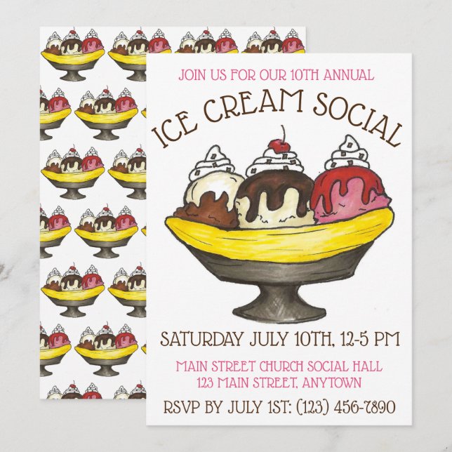 Ice Cream Social Party Dessert Banana Parco Tassin Einladung (Vorne/Hinten)